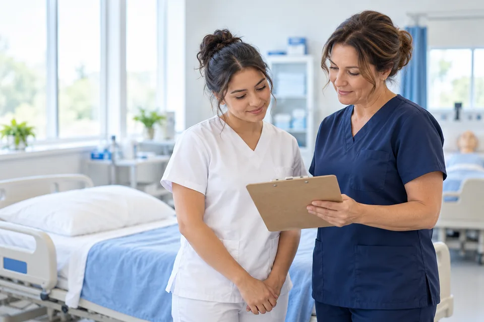 CNA training illustration showing a trainee reviewing notes with an instructor