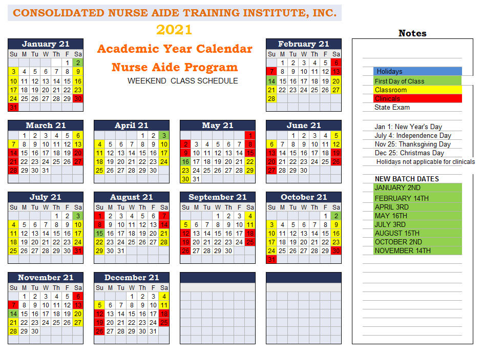 Academic Year Calendar 2022 CNA Consolidated Nurse 
