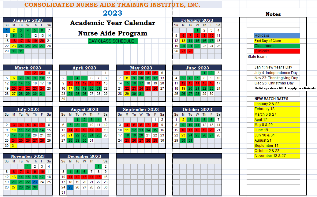 Academic Year Calendar 2023 CNA Training in Houston Consolidated