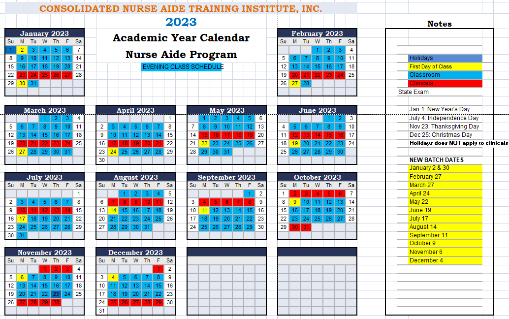 Academic Year Calendar 2023 CNA Training Houston Certified Nursing