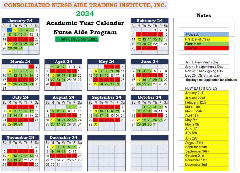 Academic Year Calendar 2024 CNA Training Houston Certified Nursing