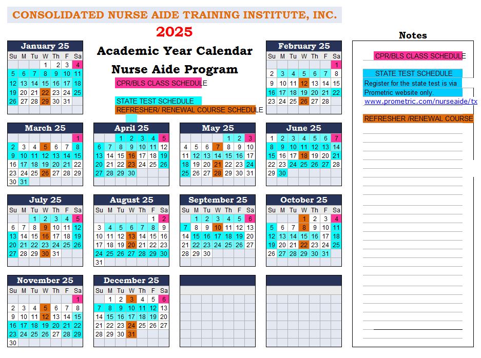 2025 CNA CPR-BLS Class Calendar