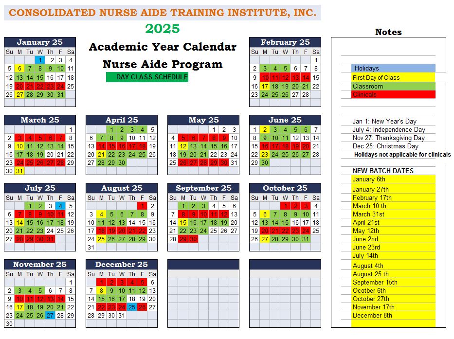 2025 CNA Day Class Calendar