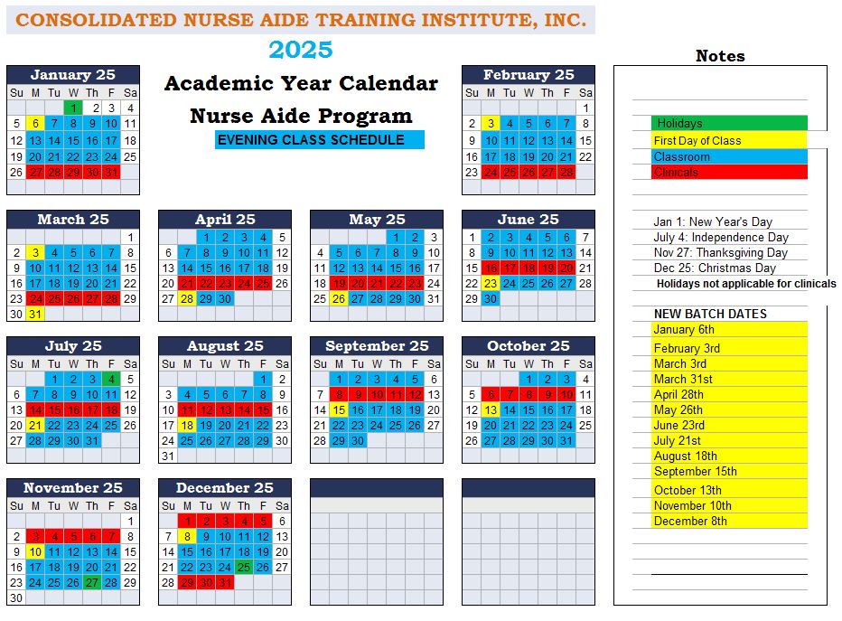 2025 CNA Evening Class Calendar