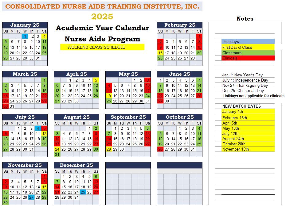 2025 CNA Weekend Class Calendar